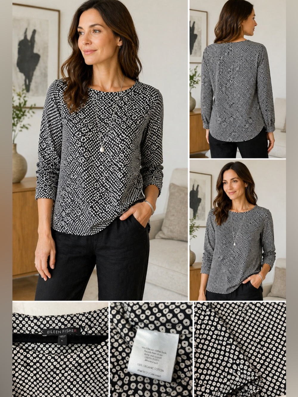 Eileen Fisher 100% Organic Cotton Black White Print Blouse